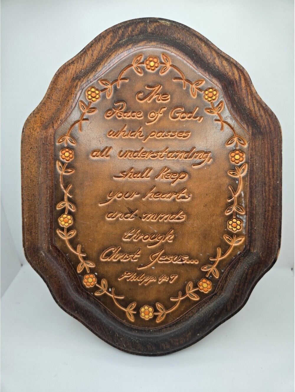 The Peace Of God Wood And Leather Plaque Philippians 4 : 7 Retro Bible Verse 11”